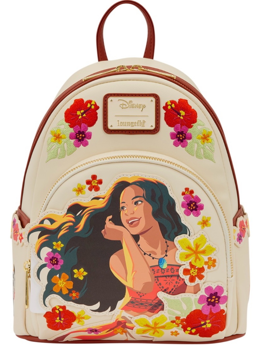 New Loungefly Moana Floral Mini Backpack with Red and Multicolor Embroidery